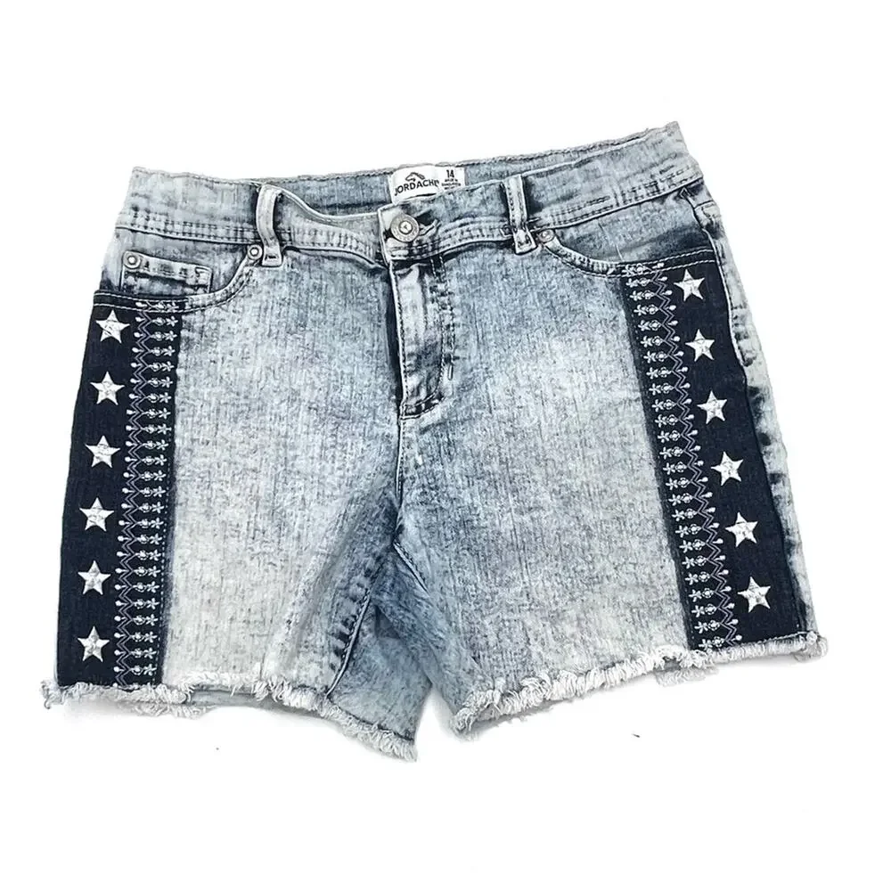 JORDACHE women's denim shorts details on sides embroidered stars SZ 14 (teens)